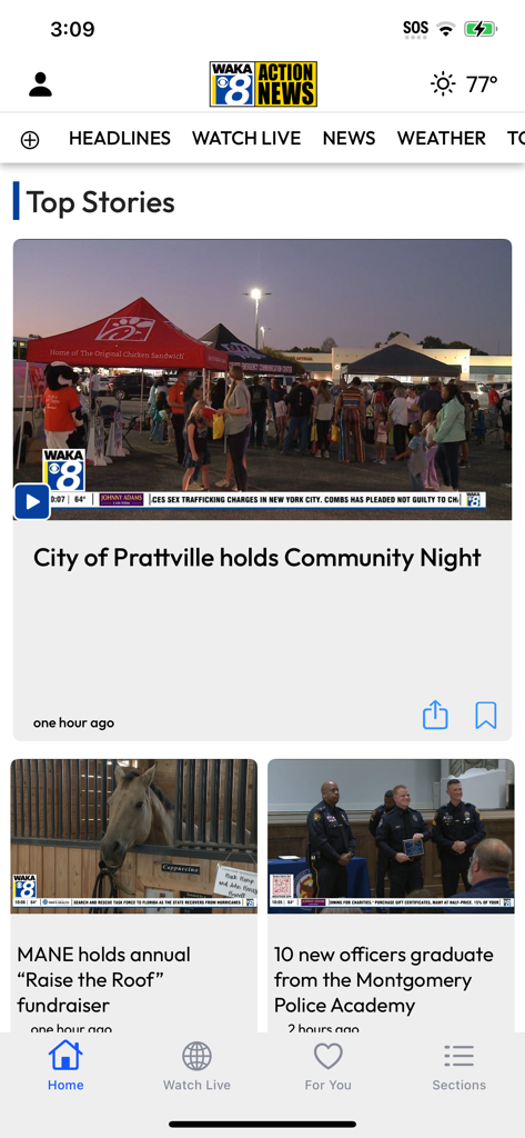 WAKA News - WAKA News app home screen displaying local Alabama news headlines like Prattville Community Night and Montgomery Police Academy graduation