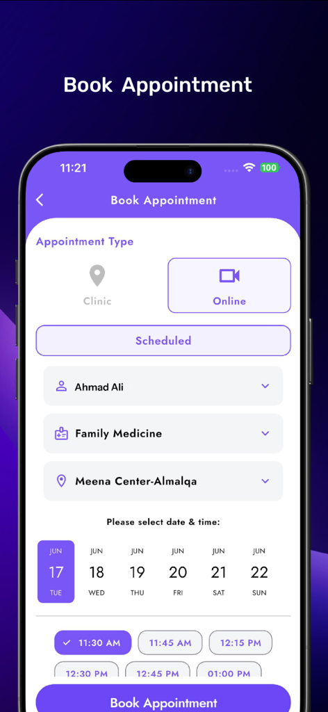 Meena Health - Meena Health mobile app screen for booking medical appointments showing options for online or clinic visits