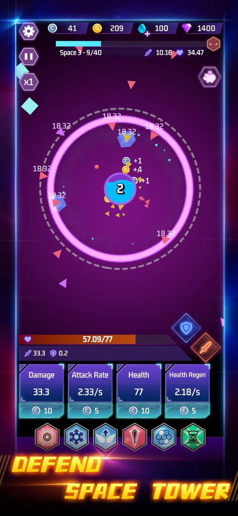 Space Tower - Galaxy Tower TD - Gameplay of Space Tower Galaxy Tower TD showing tower upgrades and space combat.