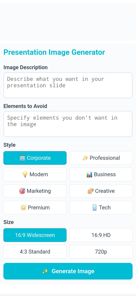 Interface of Napkin AI app showing fields for image description, style selection like Corporate and Modern, and aspect ratio options for presentations.