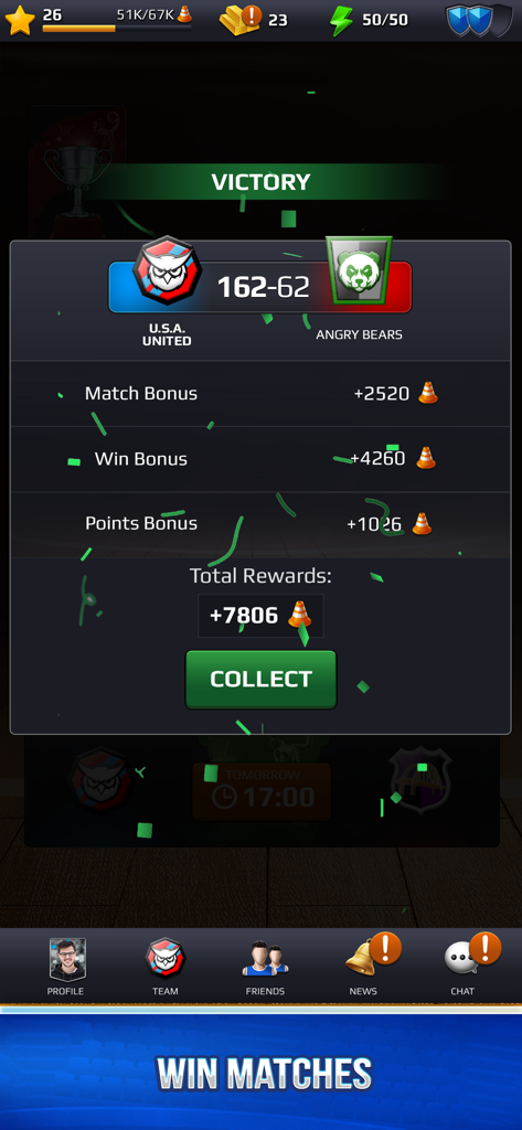 Basketball Rivals: Showdown - Basketball Rivals game screen showing a team victory with match scores and reward bonuses