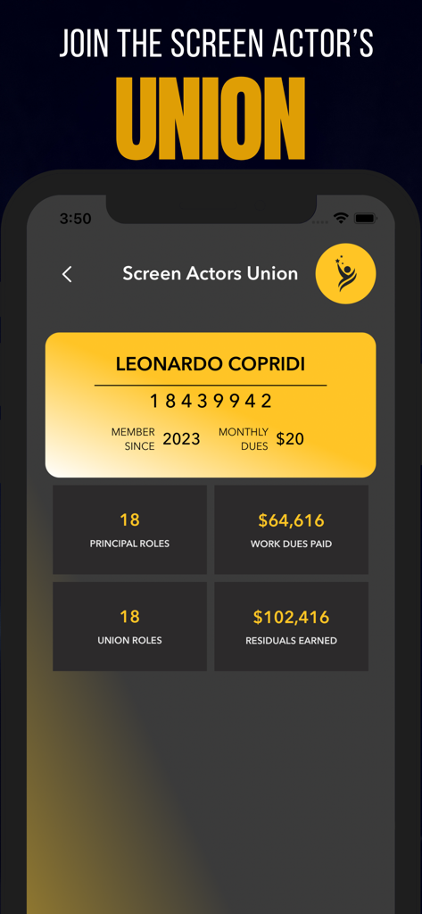 A character profile in Hollywood Movie Star Life Sim showing Screen Actors Union membership details and career earnings