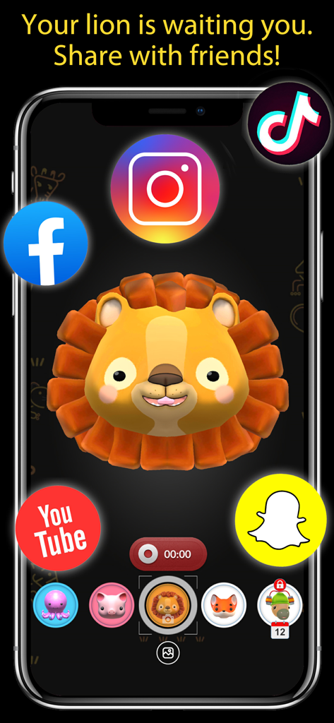 Visage de lion animé en 3D sur l'écran d'un smartphone avec des icônes de médias sociaux pour TikTok et Instagram