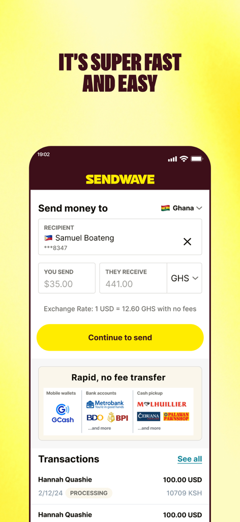 Interfaccia dell'app mobile Sendwave che mostra un trasferimento di denaro in Ghana con tasso di cambio e commissioni zero