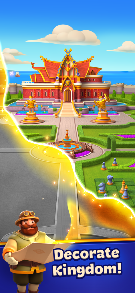 Match 3D Saga - A cartoon explorer character holding a map in front of a colorful royal palace garden with the text Decorate Kingdom