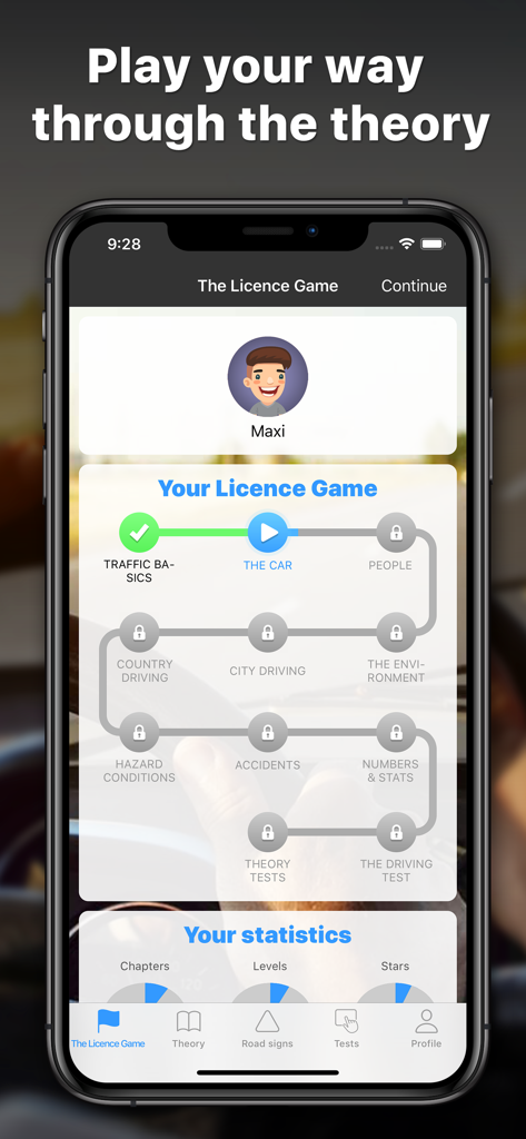 iKörkort - The Licence Game interface in the iKorkort app showing a gamified learning path for Swedish driving theory