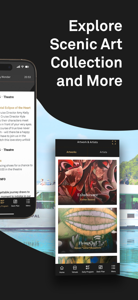 Scenic Luxury Cruises - Scenic Luxury Cruises app interface displaying the curated art collection and daily ship activities