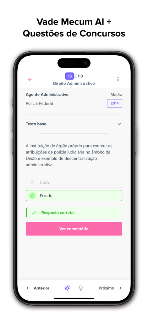Vade Mecum 2026: JurisHand AI - Smartphone screen displaying a practice question for Brazilian law exams in the Vade Mecum 2026 JurisHand AI app