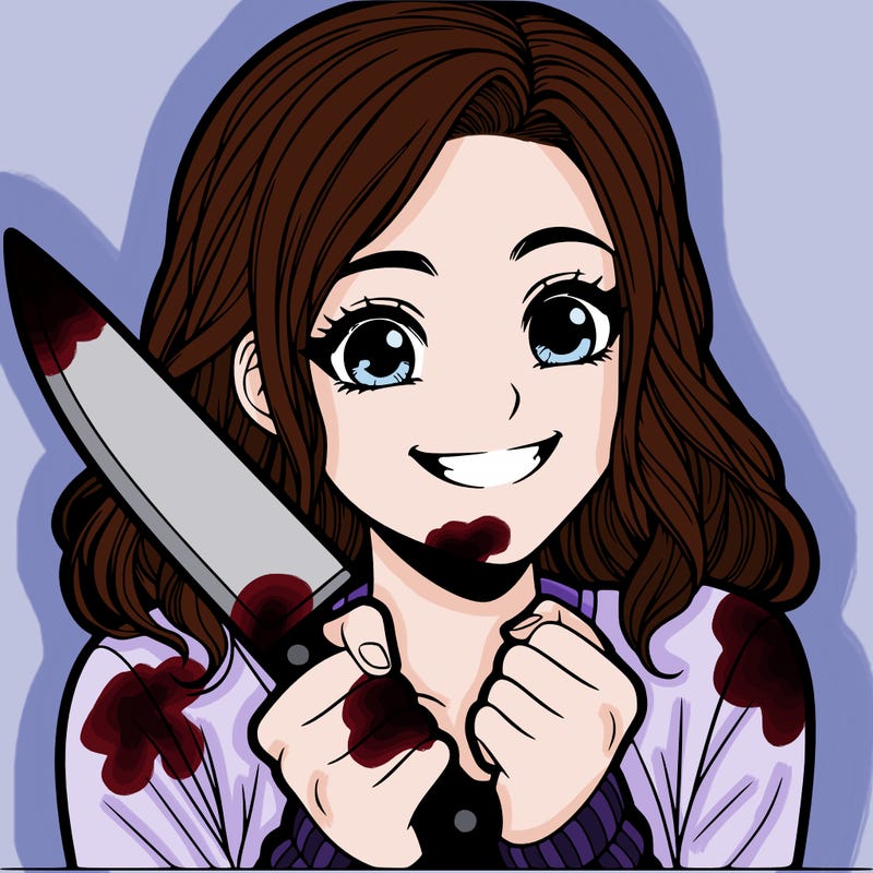 a realistic girl holding a knife and grinning