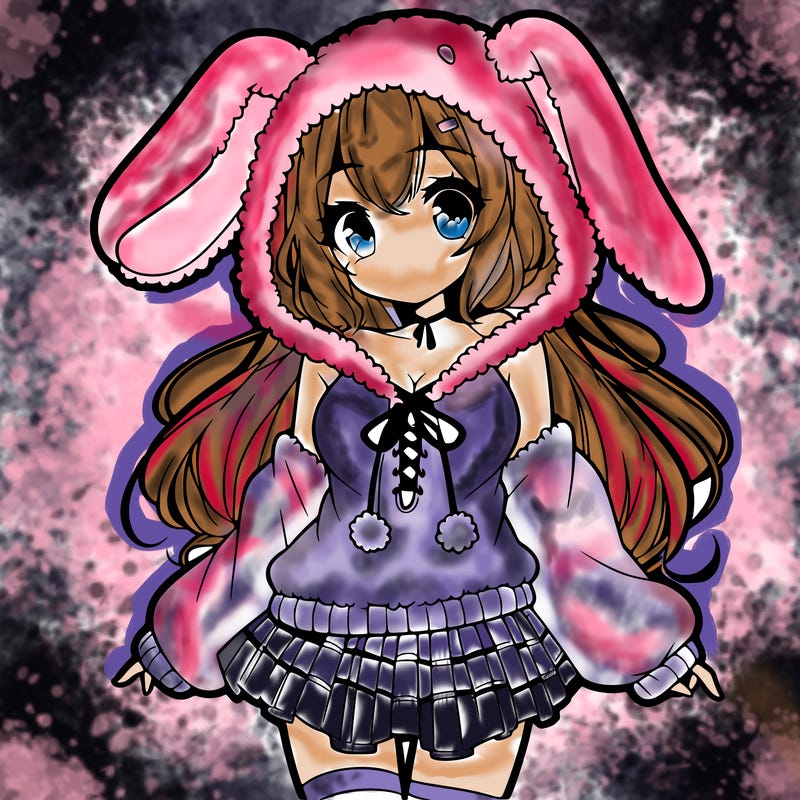 pretty anime girl wearing a fluffy hoodie with bunny ears on the hood and a skirt