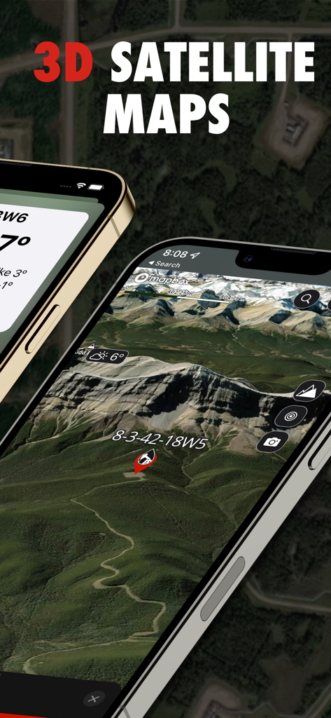 OilTrails app interface showing 3D satellite maps of oil well locations