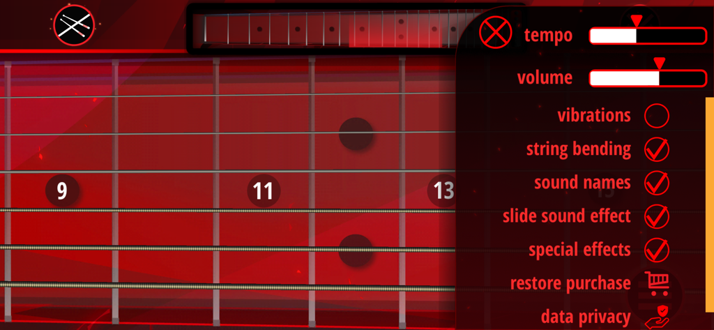The Best Electric Guitar - テンポ、音量、効果音の設定が含まれるエレキギターシミュレーターアプリのインターフェイス。