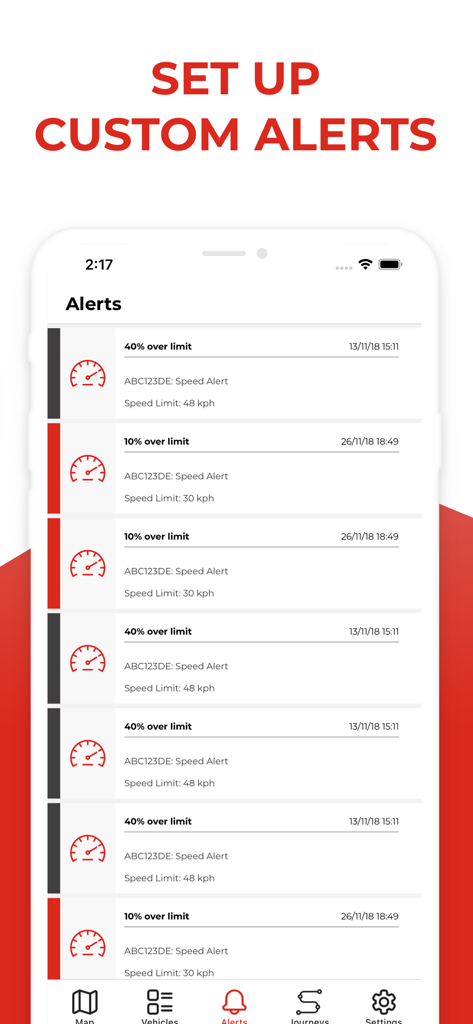 Datatool app screen showing a list of motorcycle speed alerts and notifications