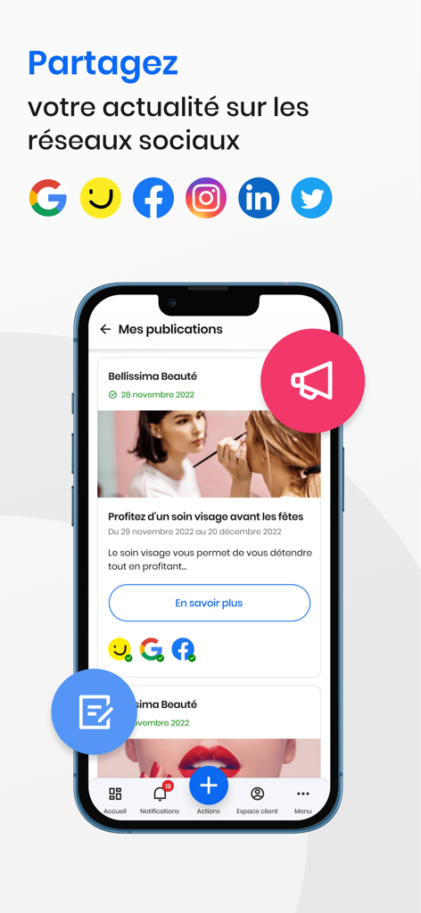 Solocal Manager - Interface of the Solocal Manager app showing a local business post shared across multiple social media platforms like Google Facebook and Instagram