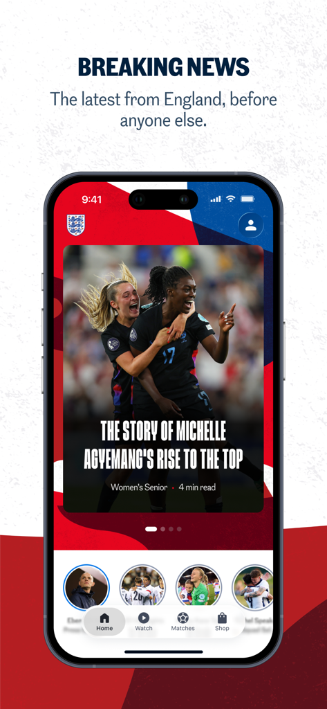 The Official England App - Pantalla de noticias de última hora en La Aplicación Oficial de Inglaterra con una historia sobre una jugadora de las Leonas