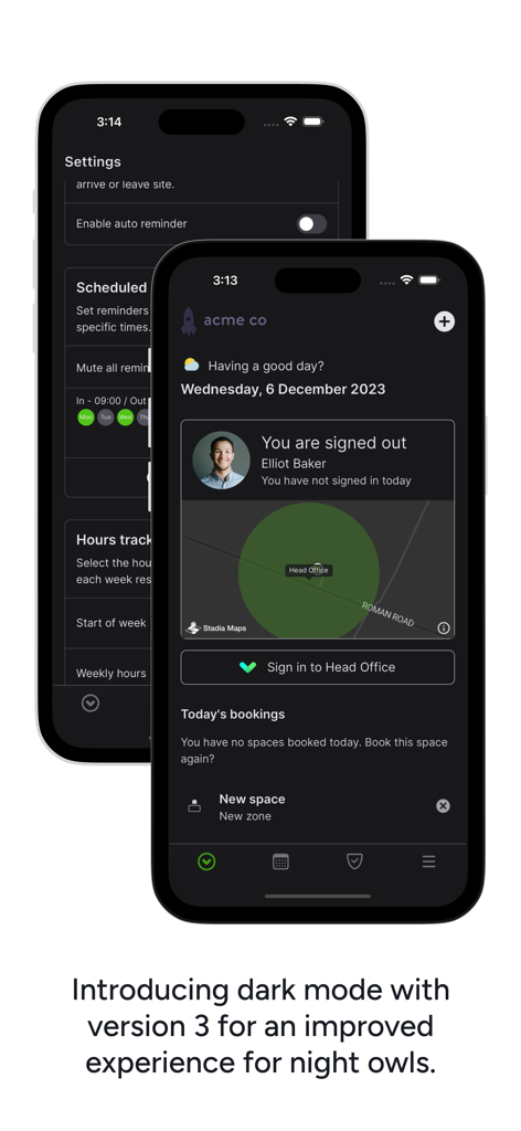 Sign In Companion - Sign In Companion mobile App Dashboard im Dark Mode, das Büroeincheck- und Standortkarten anzeigt.