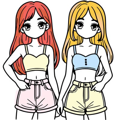 two sisters with crop tops and jean shorts and straight hair