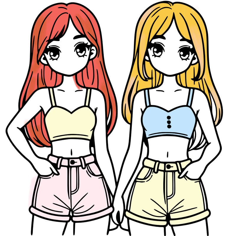 two sisters with crop tops and jean shorts and straight hair