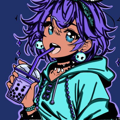 hot baddie anime girl drinking boba and biting the straw