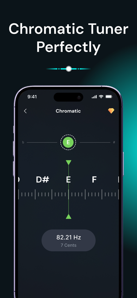 Pantalla del afinador cromático de la aplicación IGuitar que muestra una afinación precisa para la nota Mi