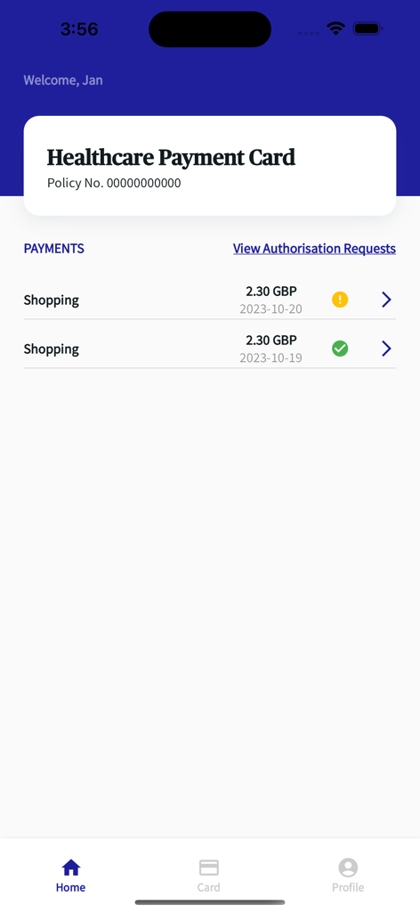 Home screen of the AXA Global Healthcare Card app displaying recent healthcare payments and policy information