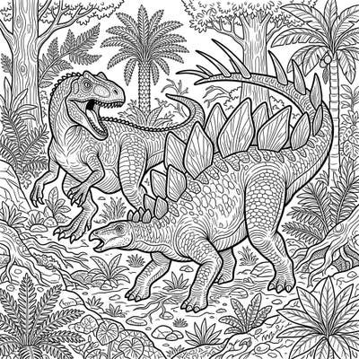Unleash your creativity with this thrilling coloring page featuring a Stegosaurus defending itself against a formidable predator. Designed for teens, it offers an exciting journey into the prehistoric world.