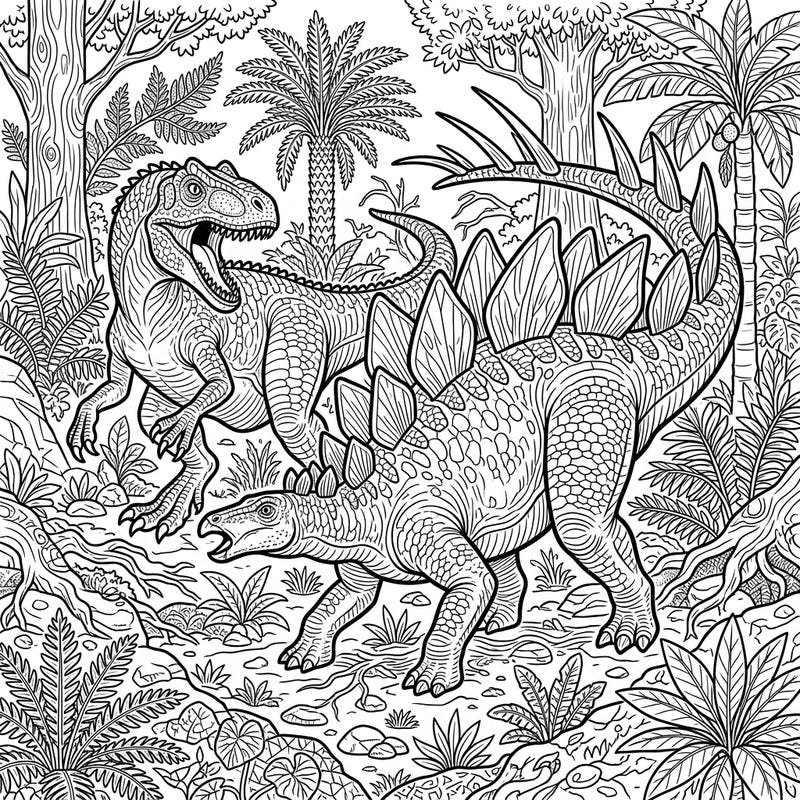 Unleash your creativity with this thrilling coloring page featuring a Stegosaurus defending itself against a formidable predator. Designed for teens, it offers an exciting journey into the prehistoric world.