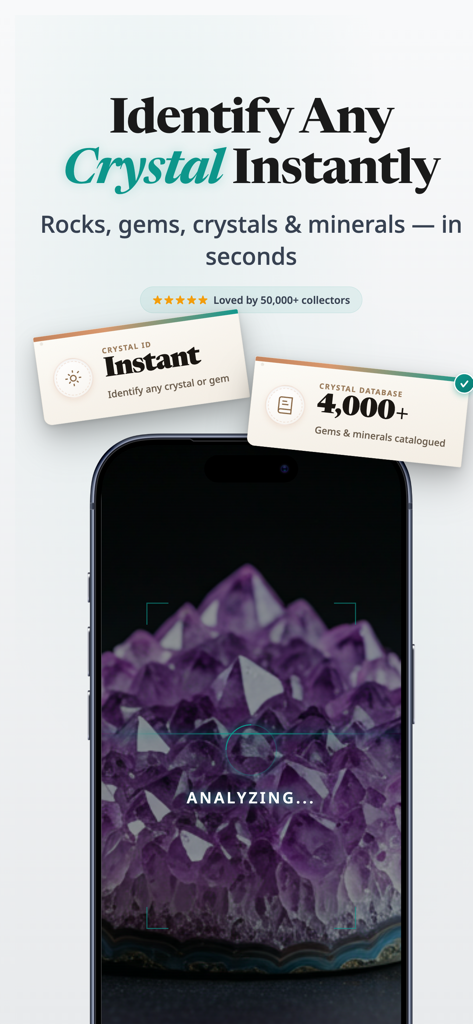 Rock Identifier: Gem & Crystal - Rock Identifier app scanning a purple crystal cluster for instant AI mineral identification