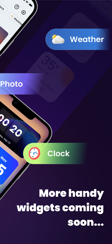Color Widgets Kit - iWidgets - App preview showing weather clock and photo widgets on an iPhone screen with a dark purple background