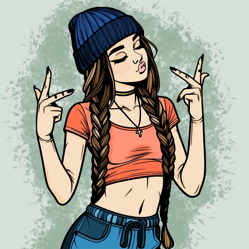 realistic teenage girl with braids and a beanie and crop top doing 🫶🏼