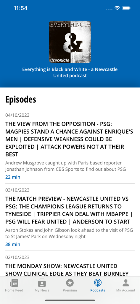 Newcastle Chronicle - ニューカッスル・クロニクルのアプリのポッドキャスト画面。ニューカッスル・ユナイテッドのファン向けのエピソードが表示されています。