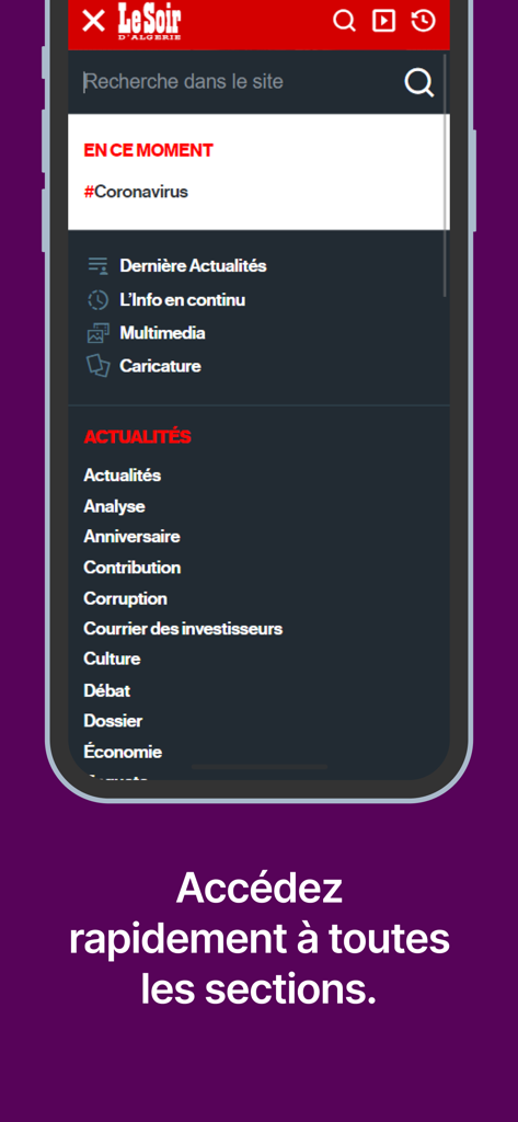 Le Soir d'Algérie - Officiel - The navigation menu of the Le Soir d'Algerie news app showing various content categories and sections.