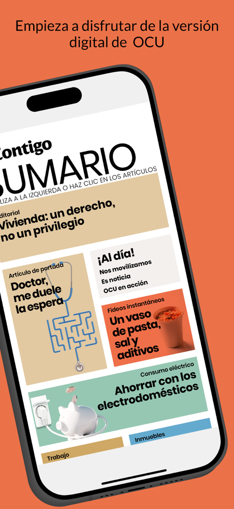 OCU Digital app showing its magazine-style table of contents with consumer reports.