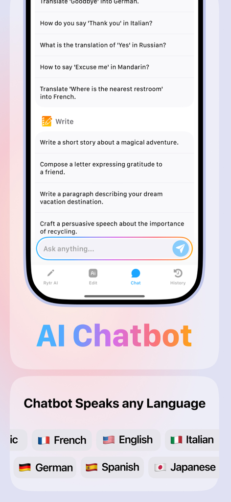AI Writing Assistant: Raytr - Interfaz del chatbot IA de la aplicación Raytr que muestra indicaciones de traducción y escritura creativa en varios idiomas