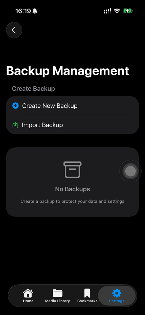 PrivacyVault + No Ads - PrivacyVault app interface showing the Backup Management screen with options to create or import backups.