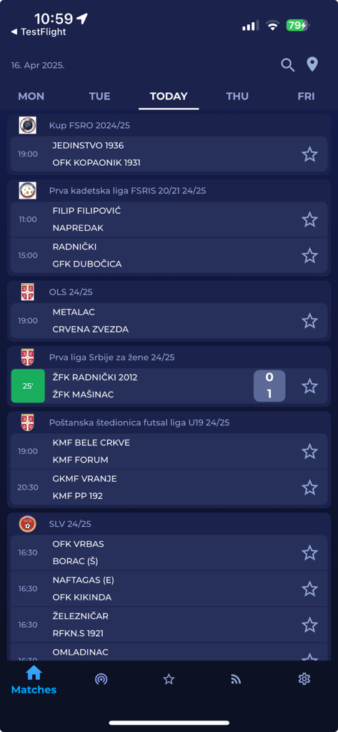 FSS Live mobile app screen showing a daily schedule of Serbian football matches across various leagues including live scores.