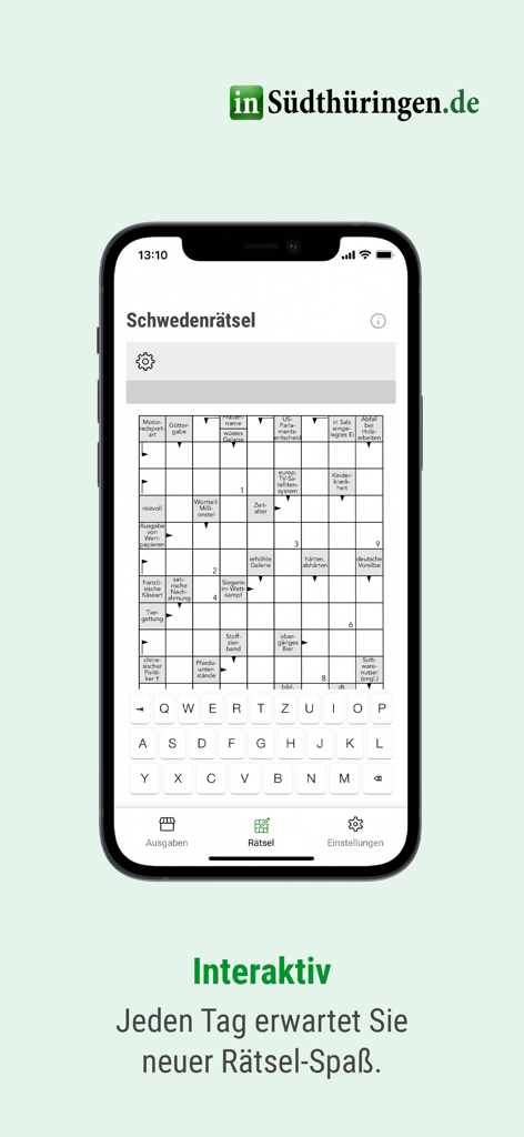 inSüdthüringen.de E-Paper - A smartphone displaying an interactive German crossword puzzle called Schwedenrätsel inside the inSüdthüringen e-paper app.