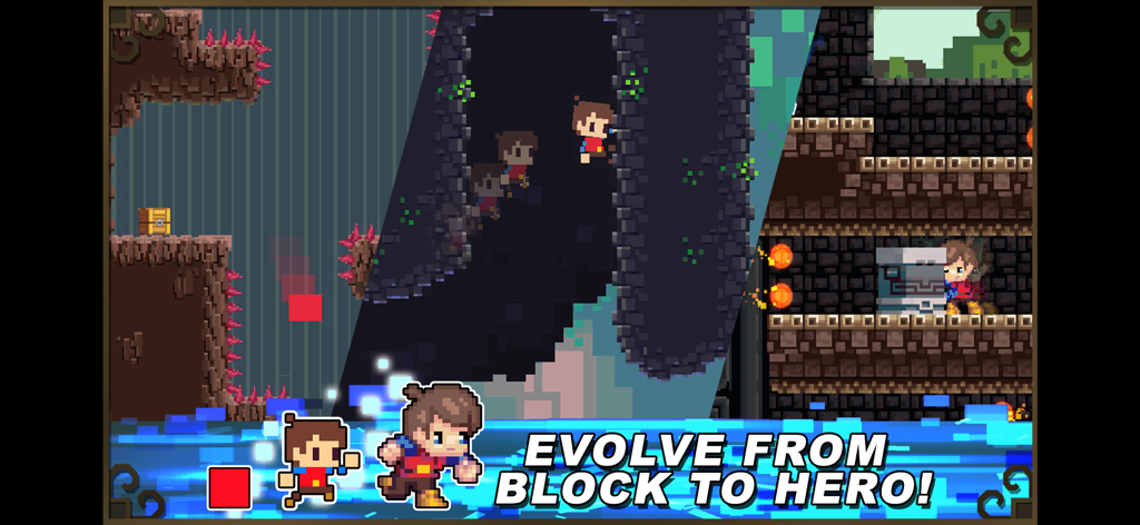 Adventures of Pip - Pip evolving from a single pixel block to a high resolution hero in a platformer game.