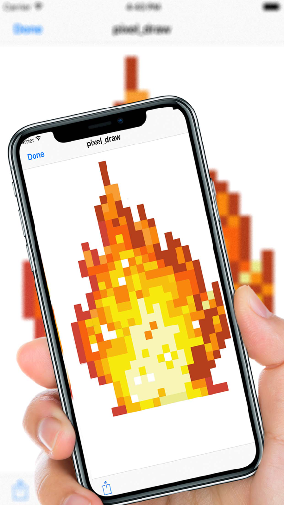 PaintBit App- Pixel Drawing - A pixel art flame drawing displayed on an iPhone screen using the PaintBit app