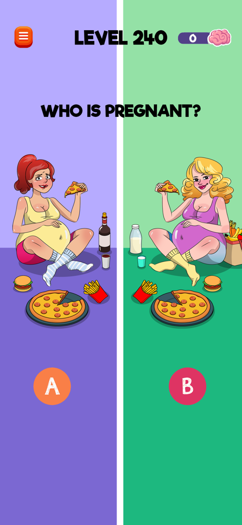 Riddle Test: Brain Teaser Game - A side-by-side comparison puzzle in Riddle Test asking Who is Pregnant showing two women eating junk food with different drinks.