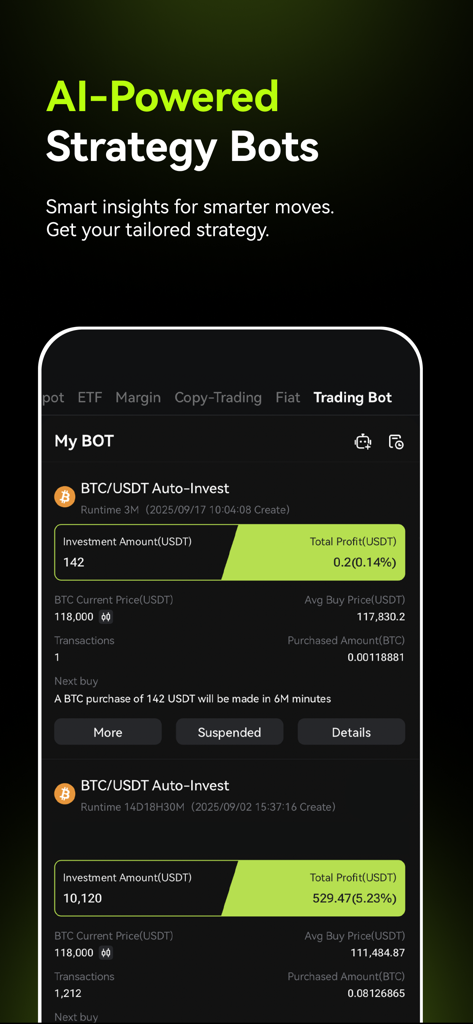 XT.com: Buy Bitcoin & Ethereum - XT.com mobile app interface featuring AI-powered strategy bots for automated Bitcoin trading