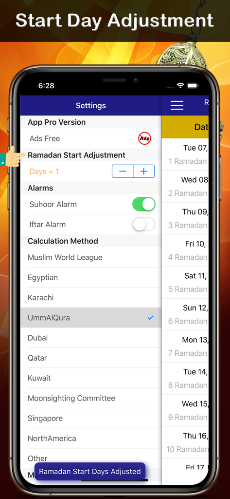 Settings screen of the Ramadan Calendar app showing options for start day adjustment, alarms, and various calculation methods like UmmAlQura and Muslim World League.