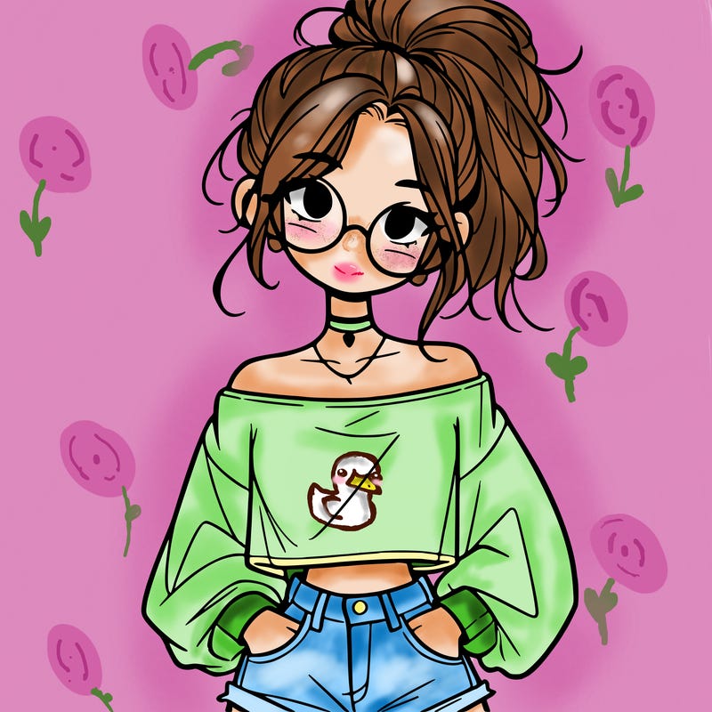 girl with a messy ponytail glasses a baggy crop top and jean shorts