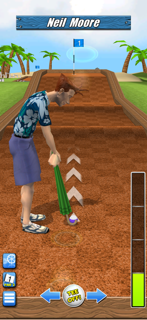 Un personaje con una camisa hawaiana usando un paraguas como putter en un campo de minigolf 3D tropical.