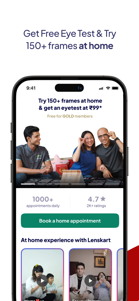 Lenskart: Eyewear - Capture d'écran de l'application Lenskart pour la réservation d'examens de la vue à domicile et d'essais de montures