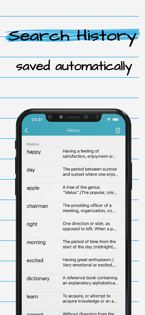 The English Dictionary Offline - A screenshot of the English Dictionary Offline app showing the search history feature with a list of recently looked-up words and their definitions.