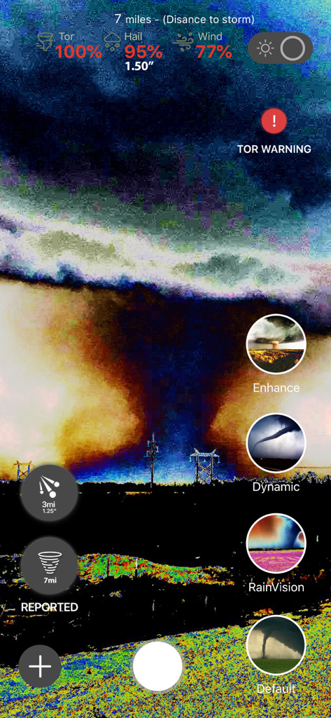 Tornado Vision app interface with augmented reality storm tracking and weather alerts