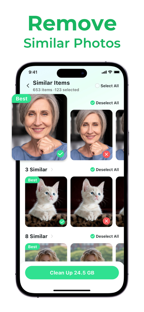 Cleaner Master:Storage Cleanup - Cleaner Master app interface showing the smart photo curator feature highlighting the best images and removing similar ones to free up 24.5 GB of storage