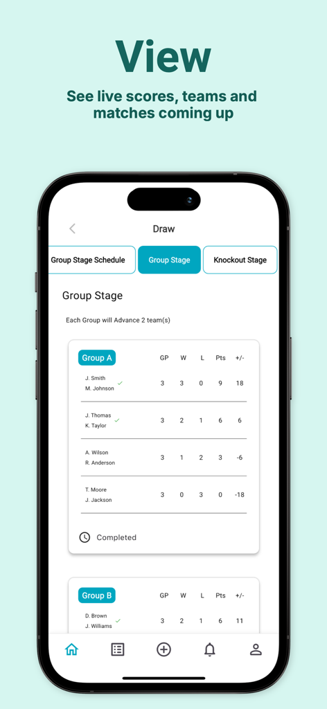 Padel Playground - Aplicativo Padel Playground exibindo classificações da fase de grupos do torneio e rankings de jogadores
