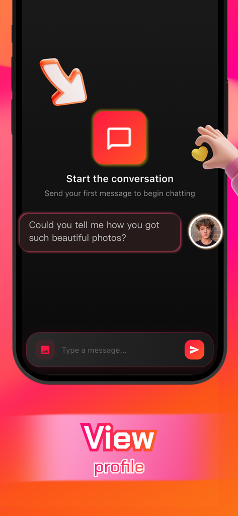 Dina - Community & Chat - Interface de chat privado no aplicativo Dina com uma bolha de mensagem e um prompt para visualizar perfil.